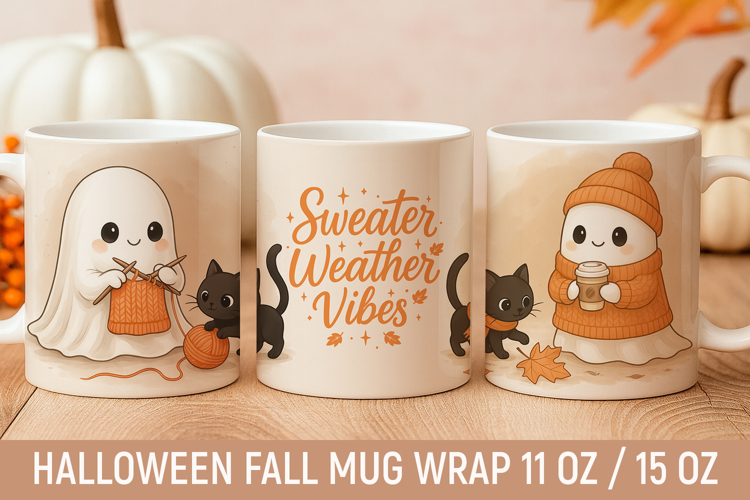 Halloween Fall Mug Wrap Sublimation PNG, Cute Ghost & Cat