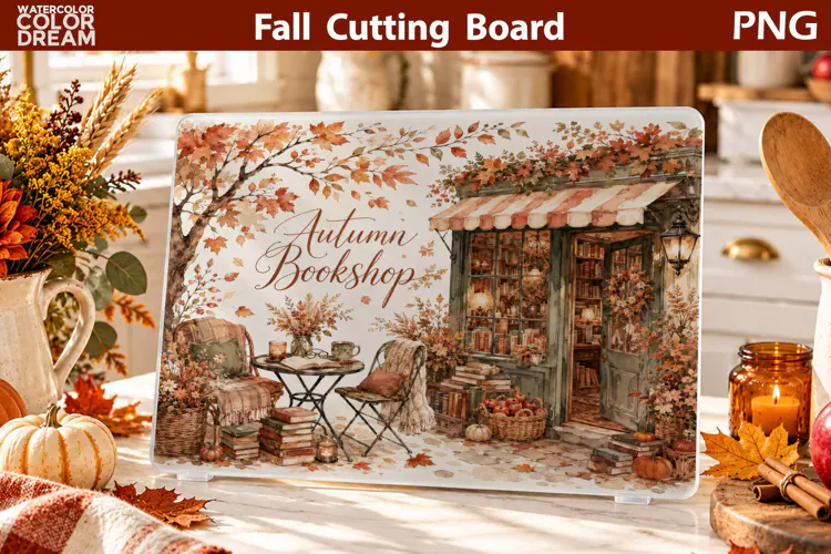 Autumn Bookshop Cutting Board | Fall Watercolor Sublimation