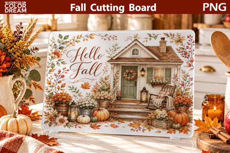Hello Fall Cottage | Autumn Cutting Board Sublimation Art example image 1