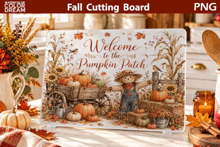 Pumpkin Patch Scarecrow | Fall Cutting Board Sublimation