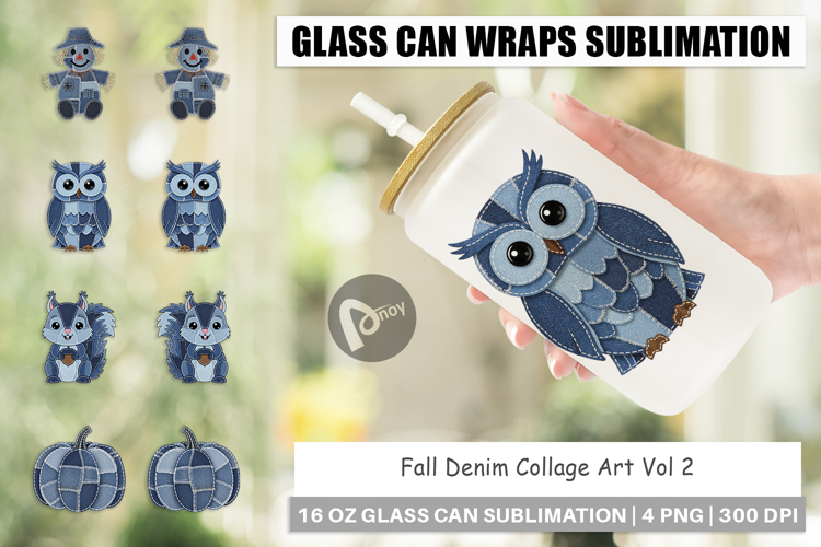 Fall Denim Collage Glass Can