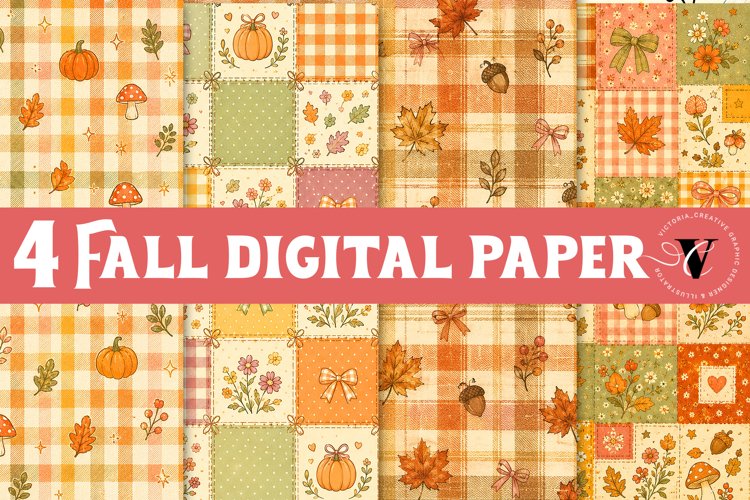 Fall Digital Paper | Autumn Scrapbook, Pumpkin Plaid Floral