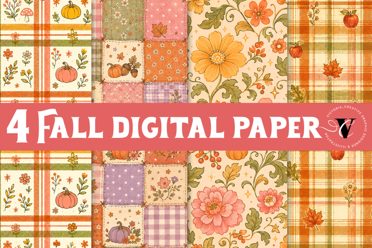 Fall Digital Paper | Autumn Scrapbook, Pumpkin Plaid Floral