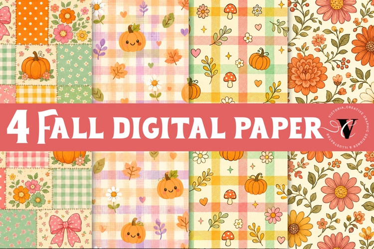 Fall Digital Paper | Autumn Scrapbook, Pumpkin Plaid Floral