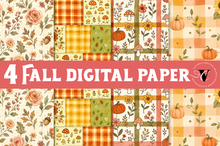 Fall Digital Paper | Autumn Scrapbook, Pumpkin Plaid Floral