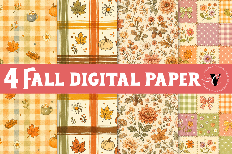 Fall Digital Paper | Autumn Scrapbook, Pumpkin Plaid Floral