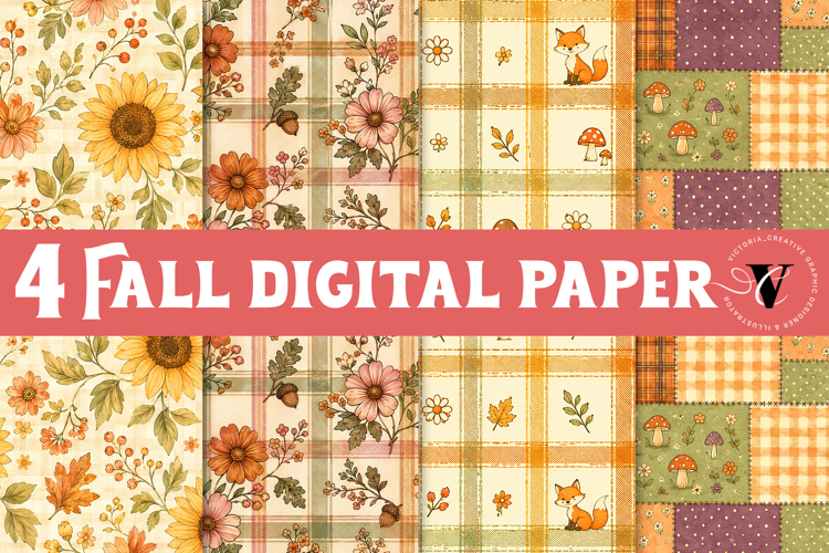 Fall Digital Paper | Autumn Scrapbook, Pumpkin Plaid Floral