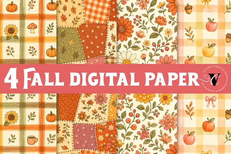 Fall Digital Paper | Autumn Scrapbook, Pumpkin Plaid Floral