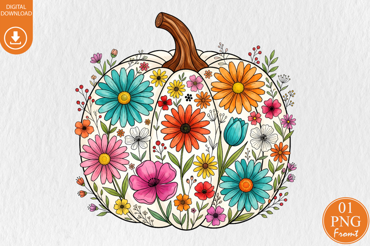 Fall Floral Pumpkin PNG, Autumn Sublimation Design