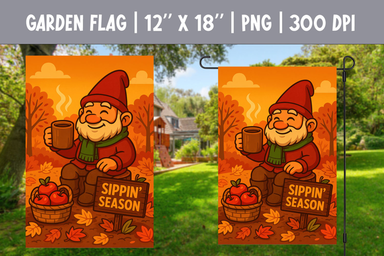 Fall Garden Flag Sublimation | Sippin’ Season Gnome PNG