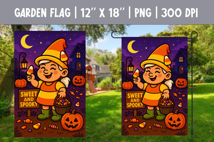 Sweet and Spooky Halloween Flag | Candy Corn Gnome PNG