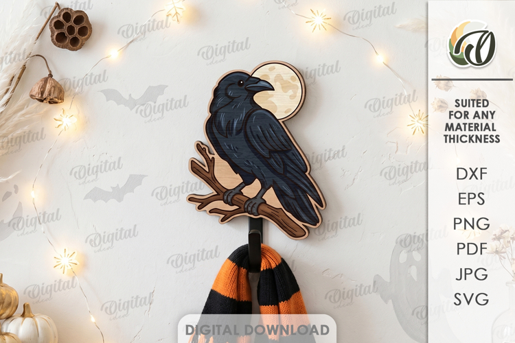Halloween hook Laser Cut. Wall coat hook SVG. Crow