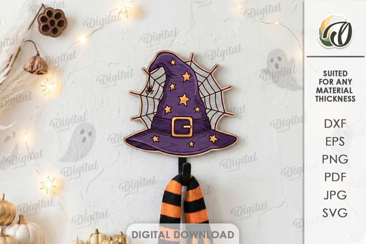 Halloween hook Laser Cut. Wall coat hook SVG. Witch hat