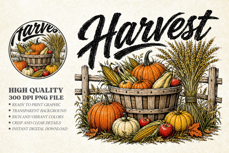 Fall Harvest Pumpkin Basket PNG, Thanksgiving Design