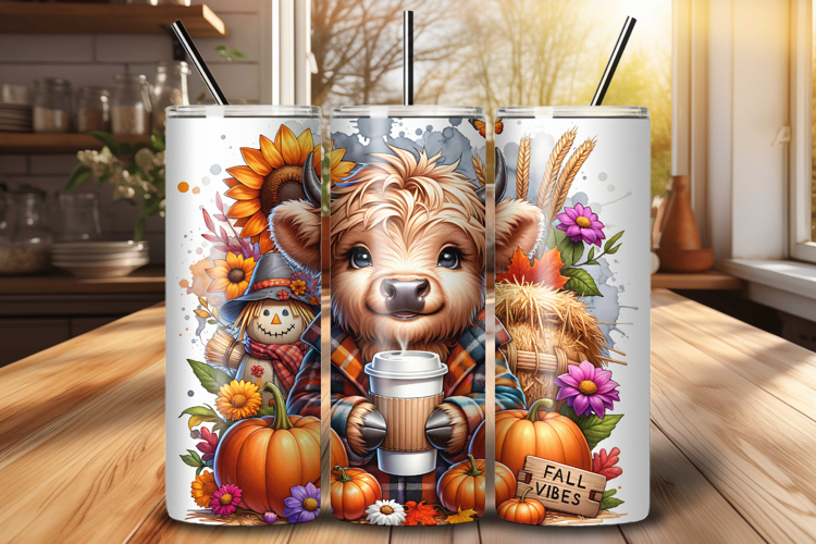 Fall Highland Cow Coffee Pumpkin 20 oz Tumbler Wrap PNG