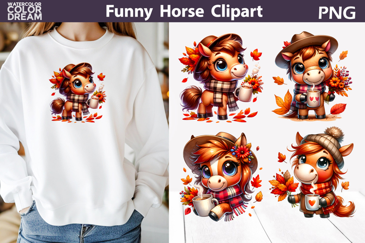 Fall Horse Coffee Clipart | Autumn Cute Cartoon Animal