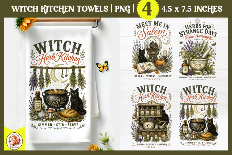 Witch Herb Kitchen. Vintage botanical witch design