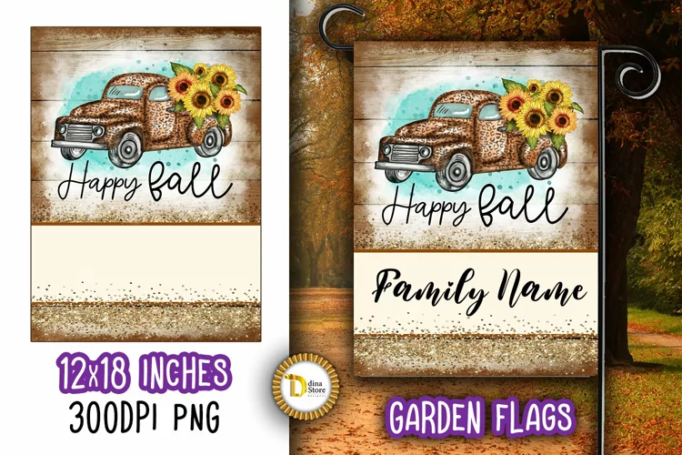Fall Leopard Vintage Truck Garden Flag PNG