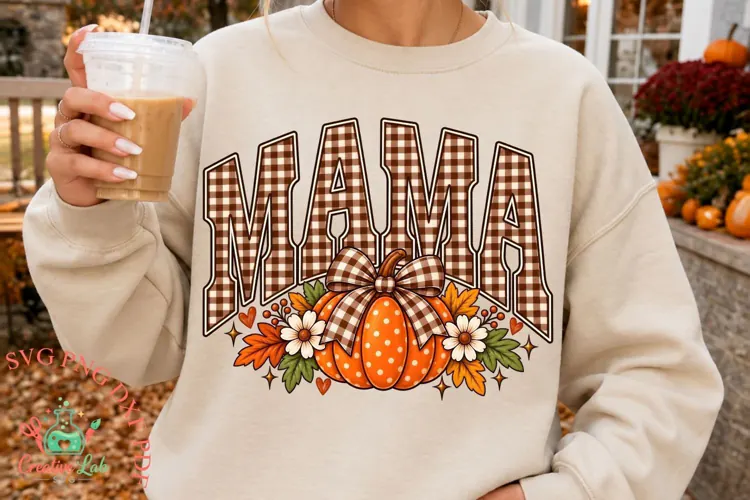 Fall Mama PNG, Gingham Pumpkin Shirt, Thanksgiving Mom PNG