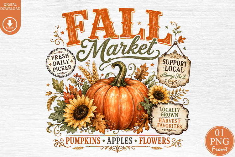 Fall Market Sublimation PNG, Vintage Autumn Pumpkin