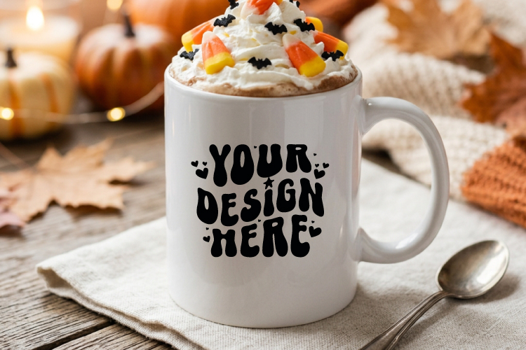 Halloween Mug Mockup | White Ceramic Coffee Mug Scene