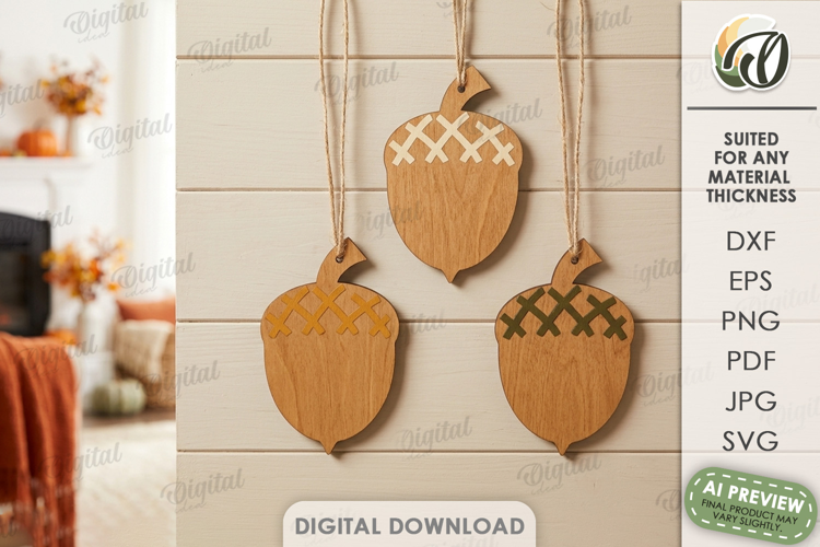 Fall Ornaments Laser Cut. Wall Hanger. Acorns SVG