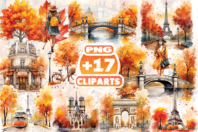 Fall Paris Watercolor Clipart | Autumn Eiffel Tower PNG