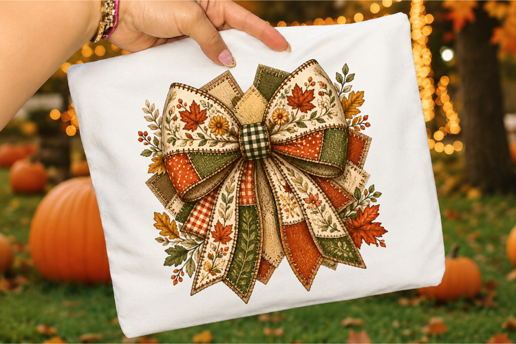 Fall Patchwork Bow PNG,Rustic Burlap Floral Autumn Design