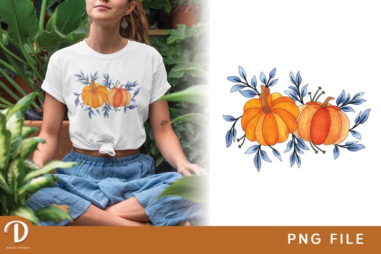 Fall Pumpkin Sunflower Watercolor Sublimation PNG example image 1