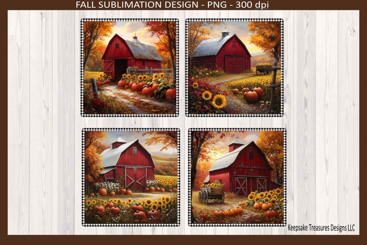 Red Barn Fall Square Coasters #2 Sublimation Png Template
