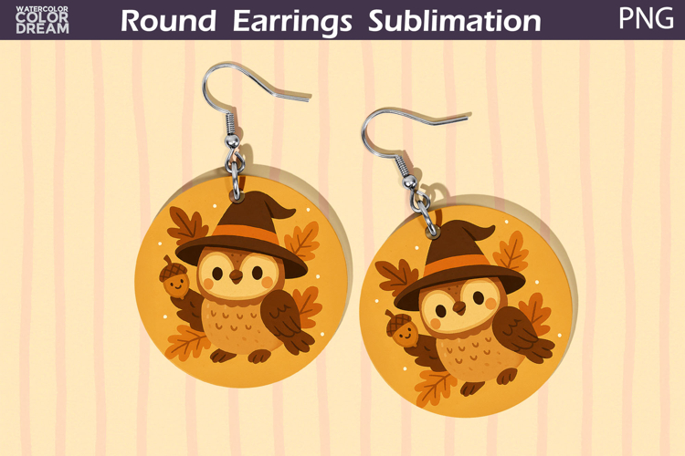 Fall Round Earrings | Owl Autumn Leaves Earrings example image 1