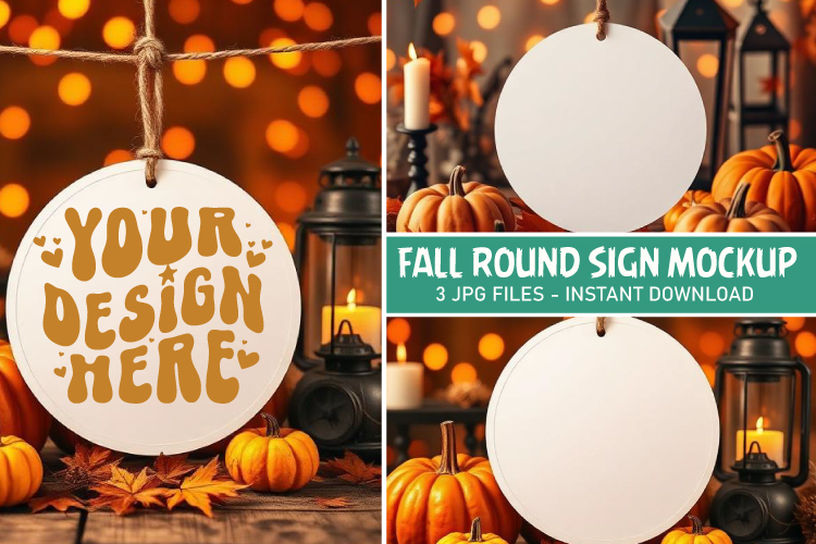Fall Round Sign Mockup - Halloween Sign Mockup