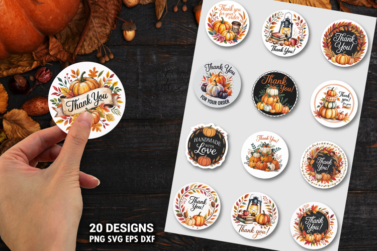 Fall Autumn Thank You Sticker SVG PNG Bundle