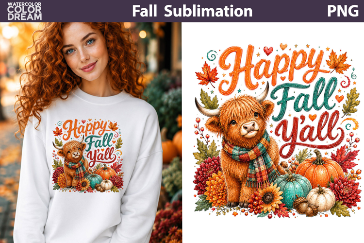 Happy Fall Y’all Highland Cow | Autumn Sublimation PNG