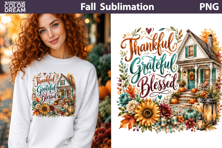 Thankful Grateful Blessed | Fall Cottage Sublimation PNG