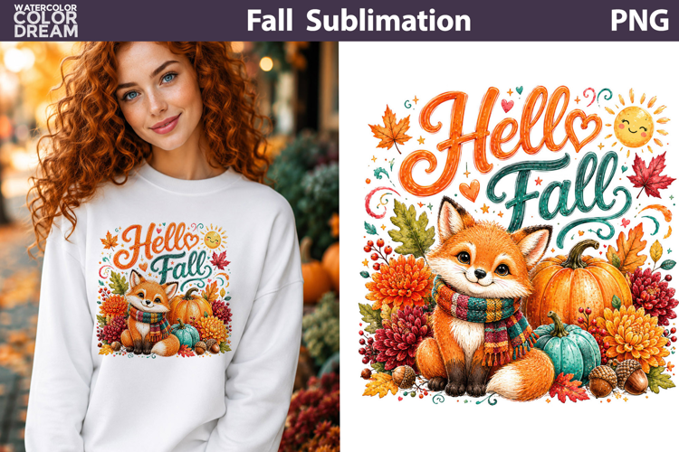 Hello Fall Fox | Cute Autumn Sublimation PNG