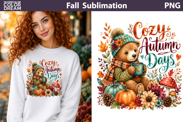 Cozy Autumn Days Bear | Fall Sublimation PNG