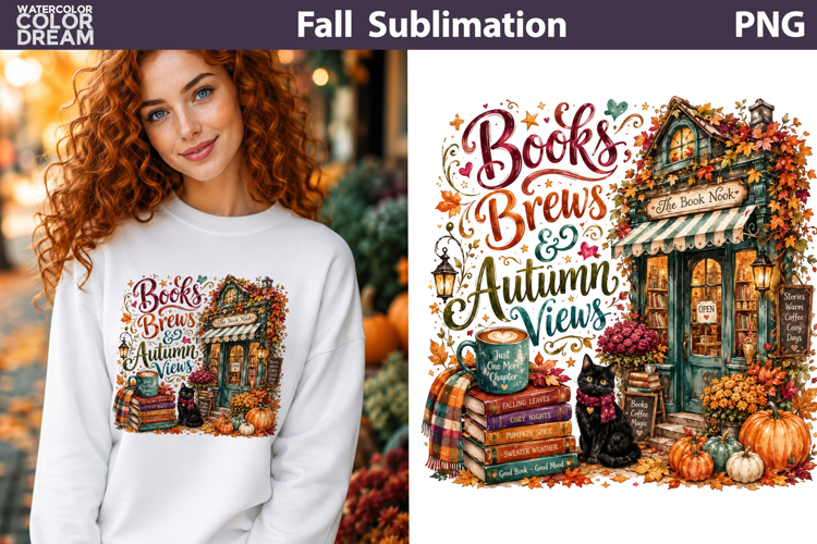 Books Brews Autumn Views | Fall Bookish Sublimation PNG