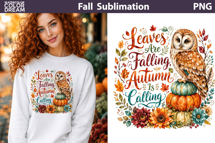 Leaves Are Falling | Autumn Owl Sublimation PNG example image 1