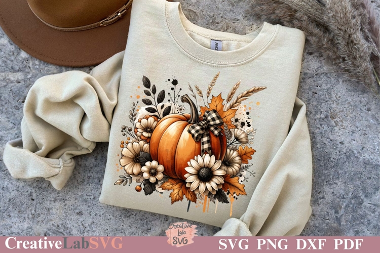 Retro Floral Fall Pumpkin PNG,Trendy Fall Coquette Design