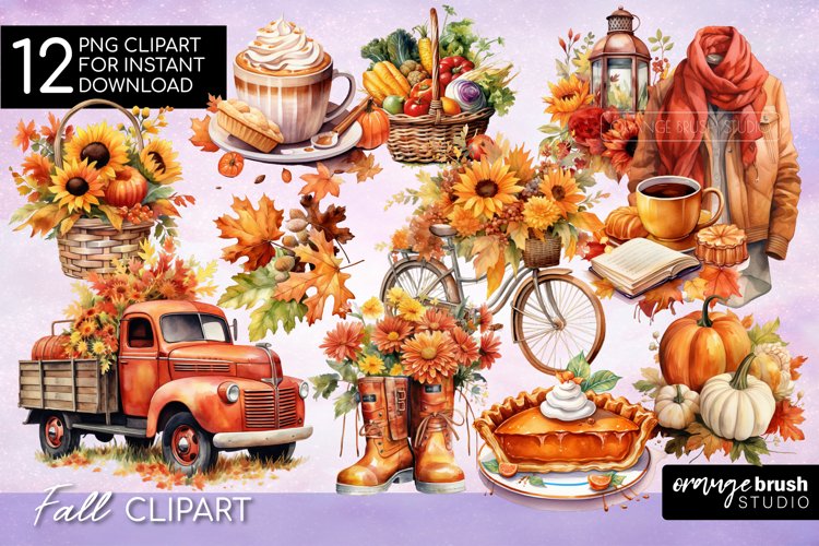 Fall Sublimation Bundle, Watercolor Autumn Clipart PNG