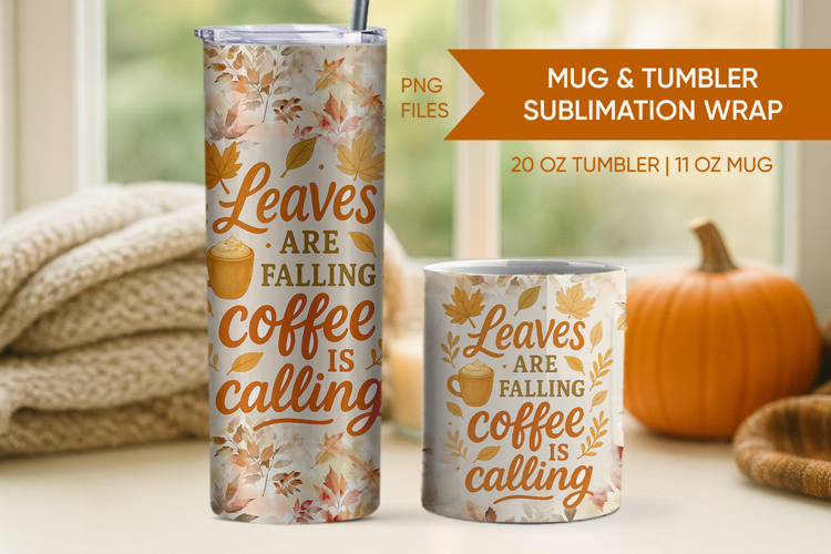 Leaves Falling Coffee Calling Fall Tumbler Wrap & Mug Wrap