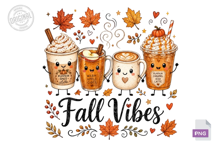 Fall Vibes Cute Autumn Drinks PNG Sublimation Design Art