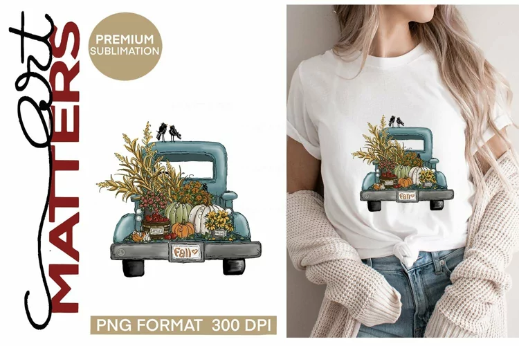 Fall Vintage Truck Apples Pumpkins - Hand Painted - 300 DPI