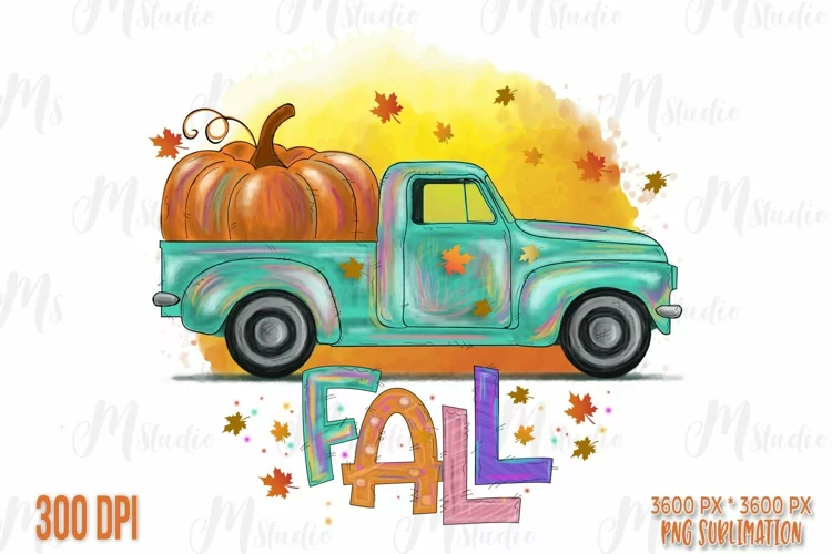 Fall, Fall Vintage Truck, Fall PNG, Fall pumpkins png.
