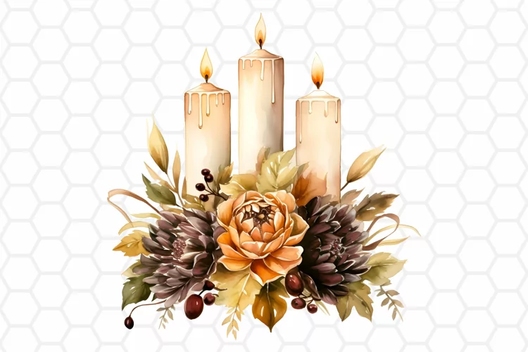 Fall Watercolor Candles Clipart, Autumn Sublimation PNG
