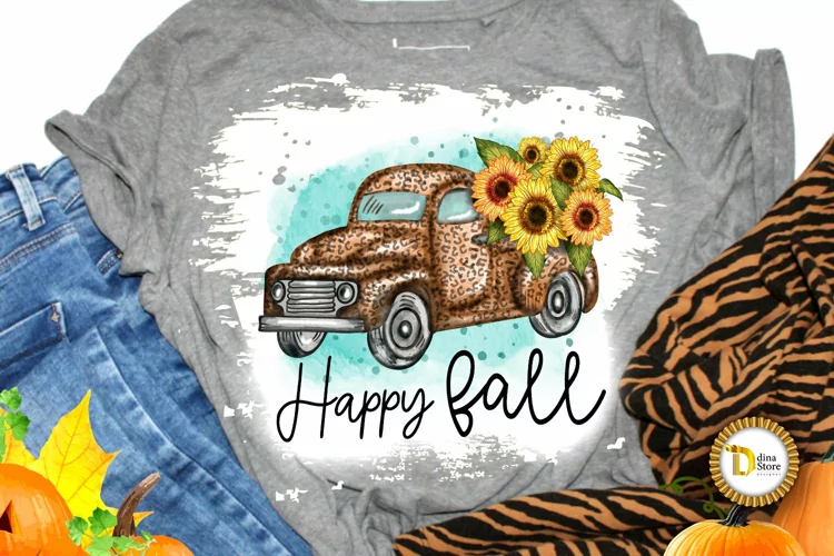 Fall Watercolor Hand Drawn Truck with Sunflowers