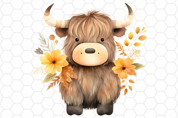 Fall Watercolor Highland Cow Clipart, Sublimation PNG