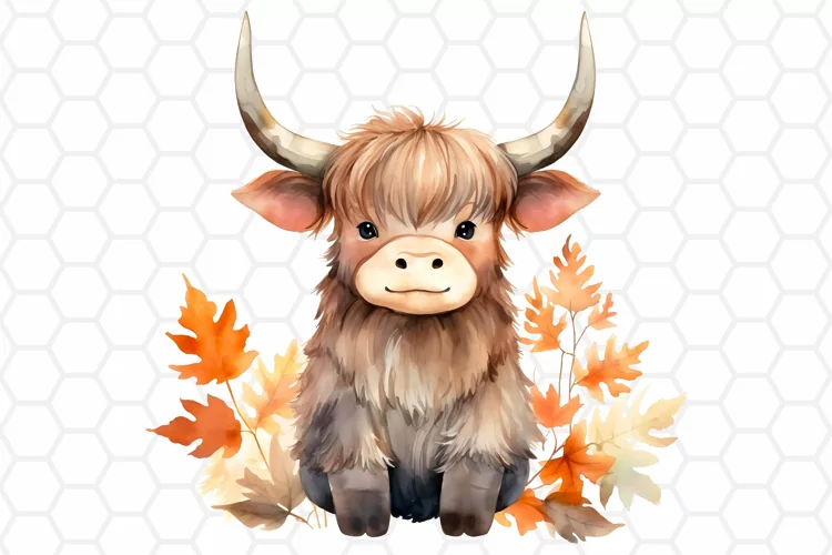 Fall Watercolor Highland Cow Clipart, Sublimation PNG