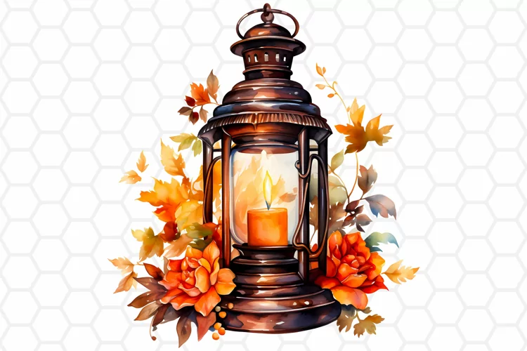 Fall Watercolor Lantern Clipart, Autumn Sublimation PNG